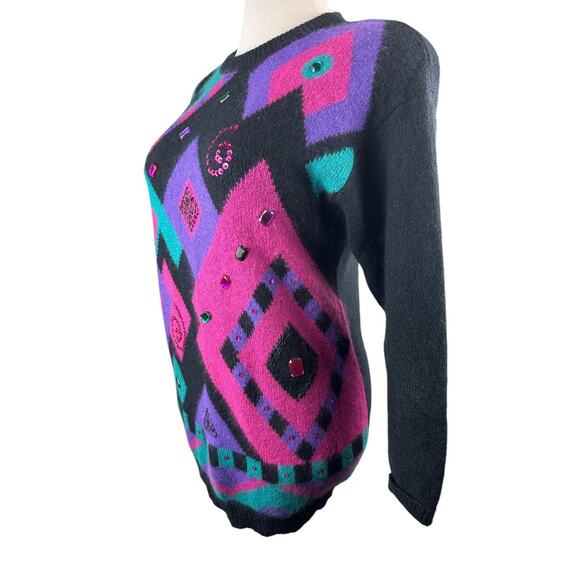 Vtg Retro I.B. Diffusion Artsy Embellished Jeweled Geometric Sweater Size Small - Picture 5 of 12